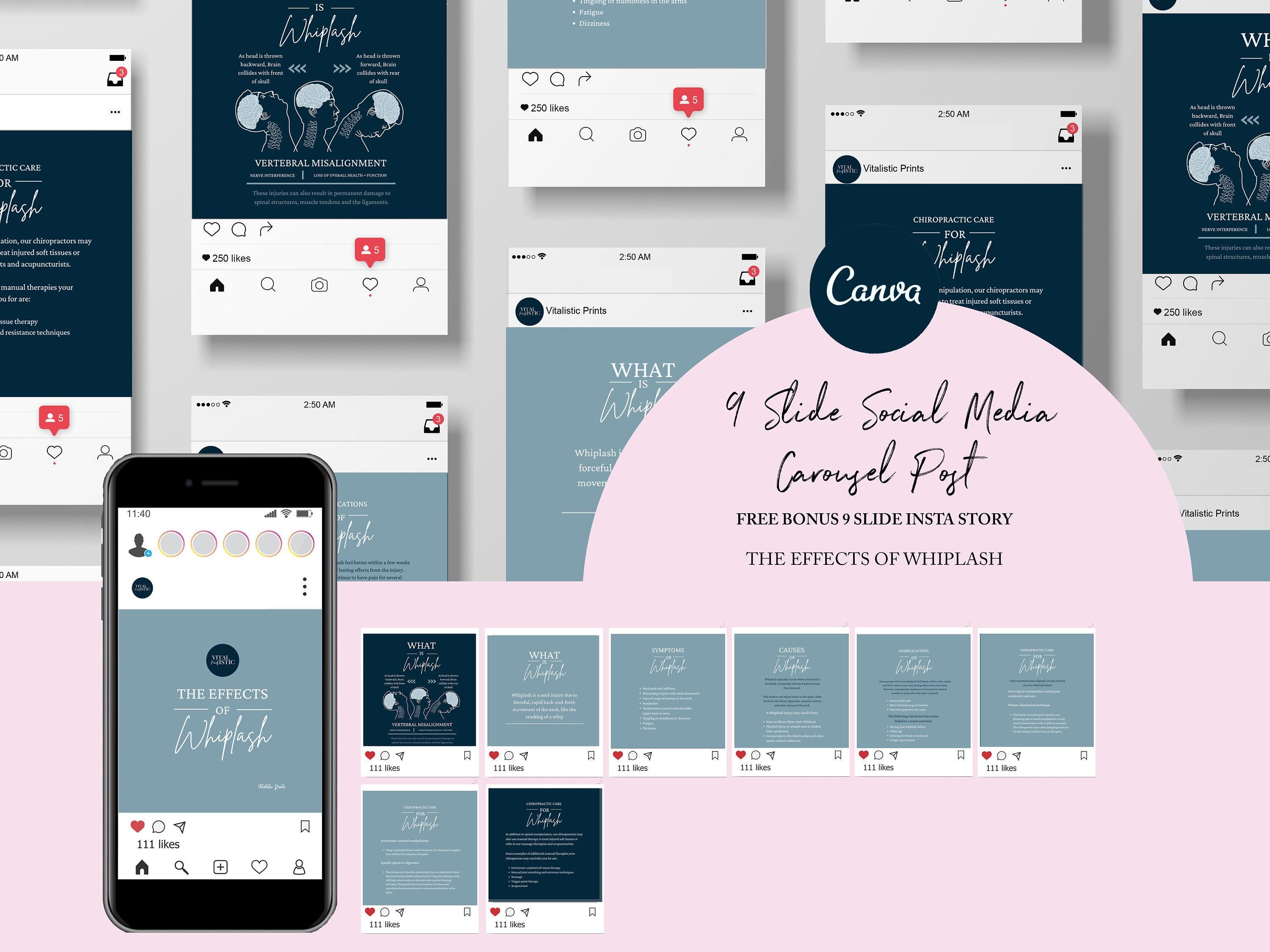 Chiropractic Canva Template For Instagram Post // The Effects Of Whiplash // Chiropractic Graphic // Chiropractic Care // Subluxation