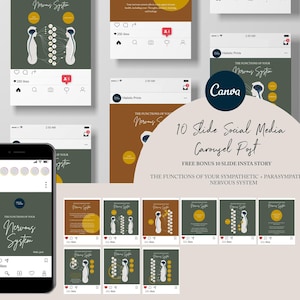 以下が含まれることがあります： 緑、茶色、黄色のカラーパレットを使用した10スライドのソーシャルメディアカルーセル投稿テンプレート。投稿は、交感神経と副交感神経の機能についてです。画像の下部には「THE FUNCTIONS OF YOUR SYMPATHETIC - PARASYMPATHETIC NERVOUS SYSTEM」というテキストがあります。