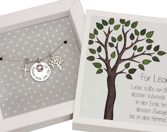 Taufkette Baum Kreuz 925 Silber mit Gravur und Geschenkbox Geschenk Patenkind Schmuck Mädchen Junge Kette Taufe Kommunion Geburt Taufschmuck