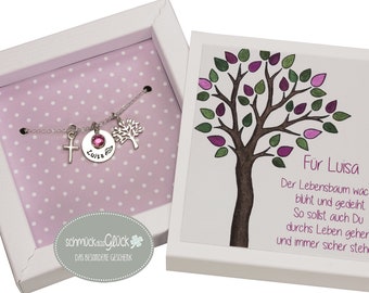 Taufkette Lebensbaum und Kreuz 925 Silber mit Gravur und Geschenkbox Geschenk Pate Schmuck Mädchen Kette Taufe Kommunion Geburt Taufgeschenk