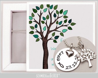 Taufkette Lebensbaum Baum in Silber mit Gravur Name und Geschenkschachtel Taufschmuck Namenskette Kette zur  Taufe Kommunion Geburt