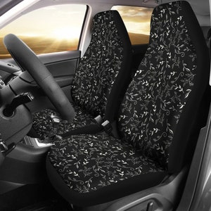 Black With White Leaves and Vines Pattern Car Seat Covers Set SUV Universal Fit Front Bucket Seats