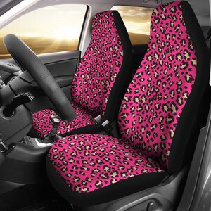 Hot Pink and Tan Leopard Animal Print Car Seat Covers Set  Universal Fit For Bucket Seats In Cars and SUVs African Safari Jungle Design