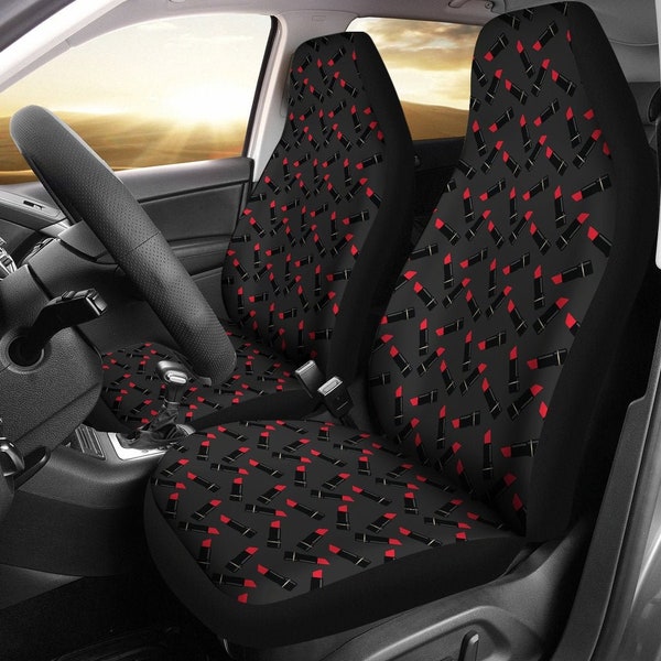 Dark Car Seat Covers Set Charcoal Gray With Lipstick Tubes Pattern Makeup Beauty Universal Fit Front Bucket Seats