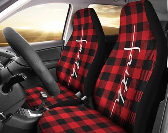 Christian Themed Faith Word Cross In White On Red and Black Buffalo Plaid Car Seat Covers Set Universal Fit  Religious