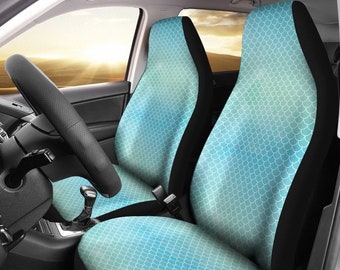 Mermaid Car Seat Covers Watercolor Light Blue and Green Scale Pattern Ocean Theme Car Accessories Set Universal Fit Bucket Seats Cars SUVs