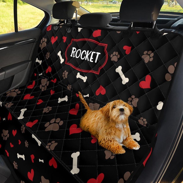 Custom Dog's Name Pet Hammock For Cars Monogram Black Red Paw Print Pattern Hearts Bones Dog Back Seat Cover Waterproof Bench Protector