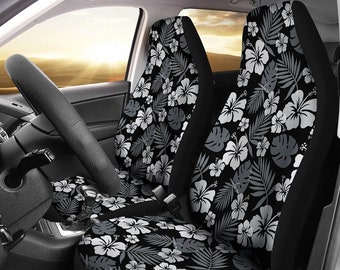 Hibiscus Car Seat Covers Set Black With Flowers and Leaves Gray White Hawaiian Pattern Universal Fit Cars SUVs Polynesian Tropical Island