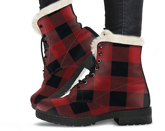 red plaid winter boots
