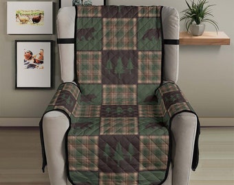 Wingback Armchair Slipcover Brown and Green Plaid With Bears and Pine Trees Patchwork Rustic Pattern on 23" Seat Width Protector