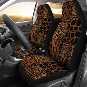 Animal Print Car Seat Covers Set Patchwork Pattern Universal Fit For Bucket Seats In Cars SUVs African Safari Jungle Design Car Accessories