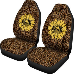 Faith Sunflower on Faux Leopard Print Background Car Seat Covers Set  Religious Christian Themed