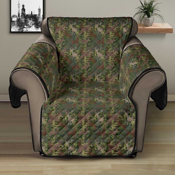 Deer Camo Recliner Chair Cover 28" Seat Width Sofa Couch Protector Green, Brown, Black Camouflage Home Decor Slip Cover Woodland Hunting