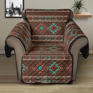 Southwestern Pattern Recliner Chair Cover 28" Seat Width Slipcover Protector Brown, Turquoise, Red Navajo Native Aztec Furniture Slip Cover