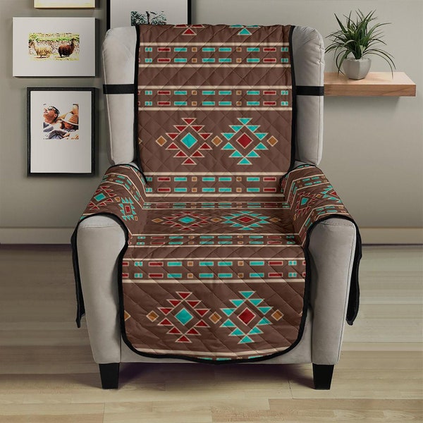 Ethnic Tribal Pattern Armchair Chair Cover 23" Seat Width Slipcover Protector Brown, Turquoise, Red Color Scheme Aztec Furniture Slip Cover