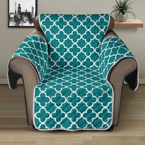 Quatrefoil Recliner Chair Cover 28" Seat Width Teal and White Pattern Living Room Furniture Protector Home Décor Slip cover Moroccan