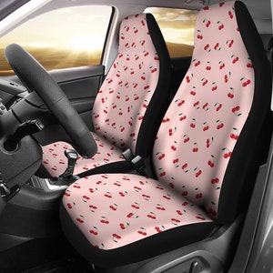 Pink With Red Cherries Cherry Pattern Rockabilly Vintage Style Car Seat Covers Set Universal Fit For SUV Car Bucket Seats Car Accessories