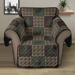 Brown and Green Plaid With Deer and Pine Trees Patchwork Woodland Rustic Lodge Pattern 28" Seat Width Recliner Chair Slip Cover Protector