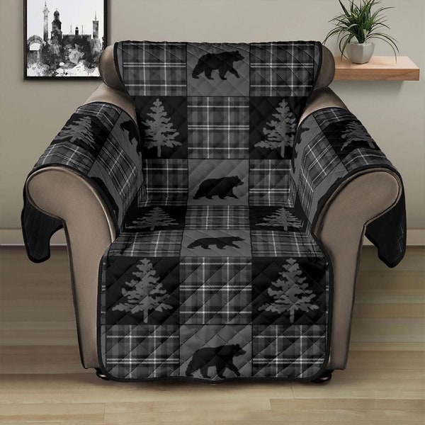 Bear Theme Gray and Black Rustic Plaid Pattern 28" Seat Width Recliner Chair Slip Cover Protector Log Cabin, Hunting Lodge, Man Cave Decor