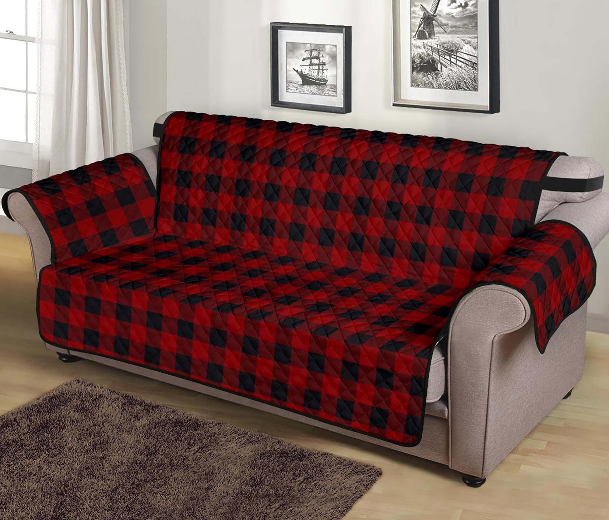 Black and White Buffalo Plaid 70 Seat Width Sofa Couch Cover