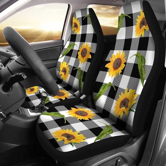 Black White Buffalo Plaid Car Seat Covers With Rustic Sunflowers
