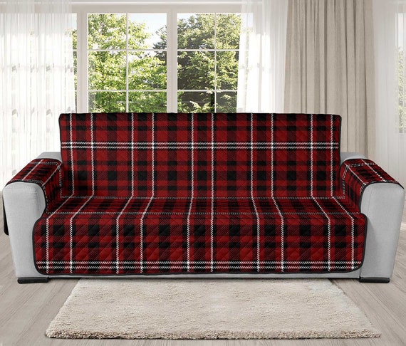 Plaid XL Sofa Slipcover Dark Red, Black, White Tartan 78 Seat