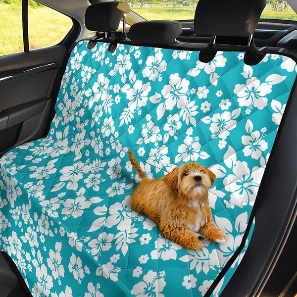 Hibiscus Hawaiian Dog Hammock Back Seat Cover For Pets Teal Turquoise White Tropical Flower Island Pattern Waterproof Protector Washable