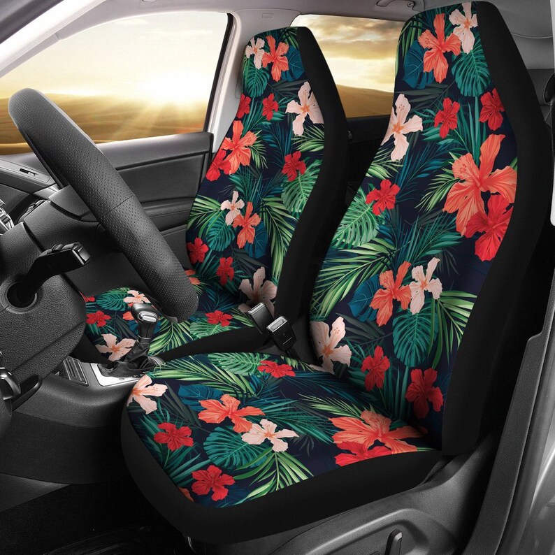 Pink Red C Bright Colored Tropical Flowers And Leaves Aloha Car Seat Covers Hawaiian Island Universal Fit Set Of 2 Bucket Seats