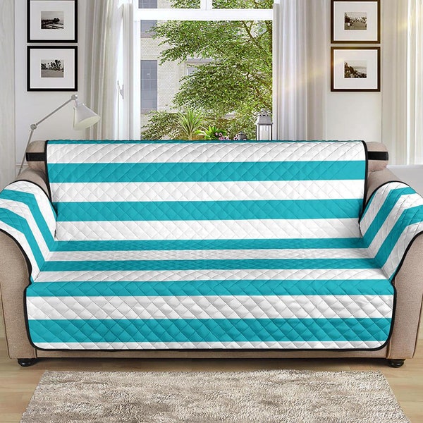 Striped Slipcover Turquoise White Beach House Ocean Sea Theme Couch Sofa Cover 70" Seat Width Slipcover Protector Home Decor Living Room