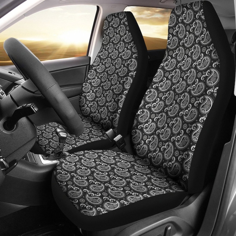 Black Paisley Pattern Car Seat Covers Bandana Print Front Image 0