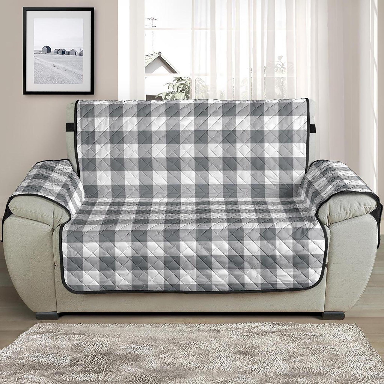 Buffalo Plaid Loveseat Slipcover Gray and White 54 Seat Etsy