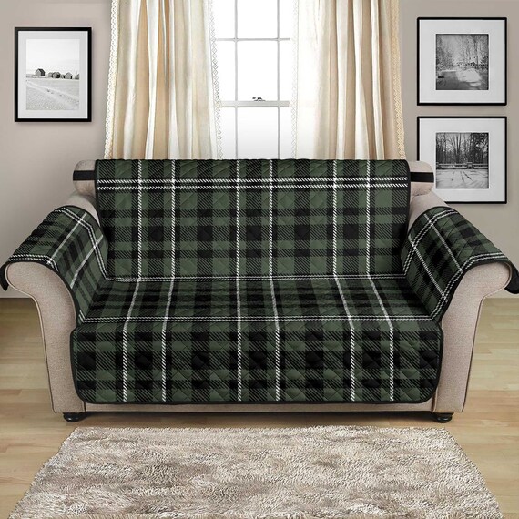 Plaid Loveseat Slipcover Green, Black and White Tartan 54 Seat