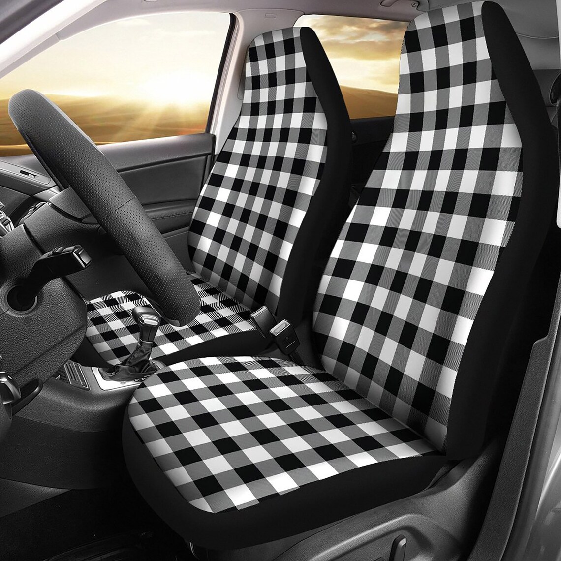 Buffalo Plaid Car Seat Covers Set Black and White Car Etsy