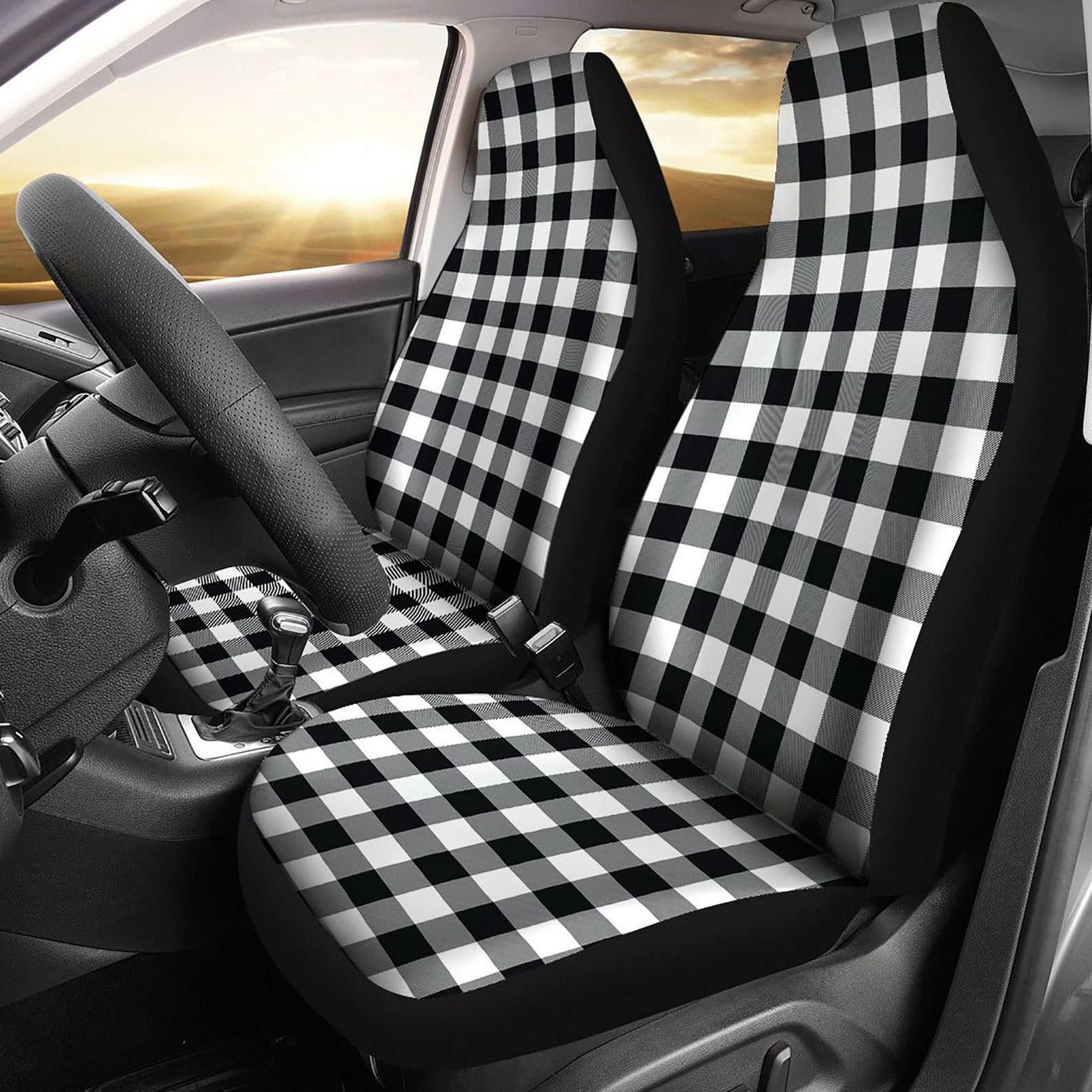 Buffalo Plaid Car Seat Covers Set Black and White Car Etsy