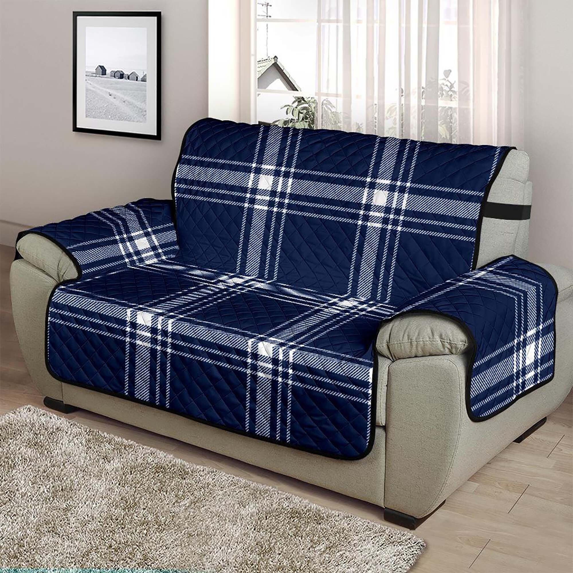 Plaid Loveseat Slipcover Navy Blue and White Tartan Pattern Etsy