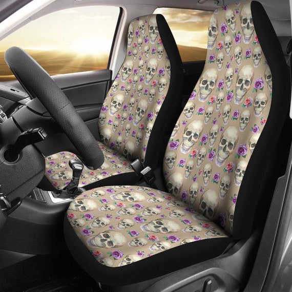 Tan With Skulls and Purple and Pink Roses Car Seat Covers Set