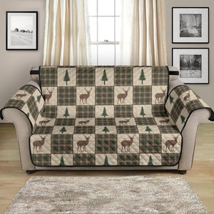 Tan, Brown, Green Plaid With Deer and Pine Trees Rustic Patchwork Woods Pattern 54" Seat Width Loveseat Sofa Couch Cover Protector Slipcover