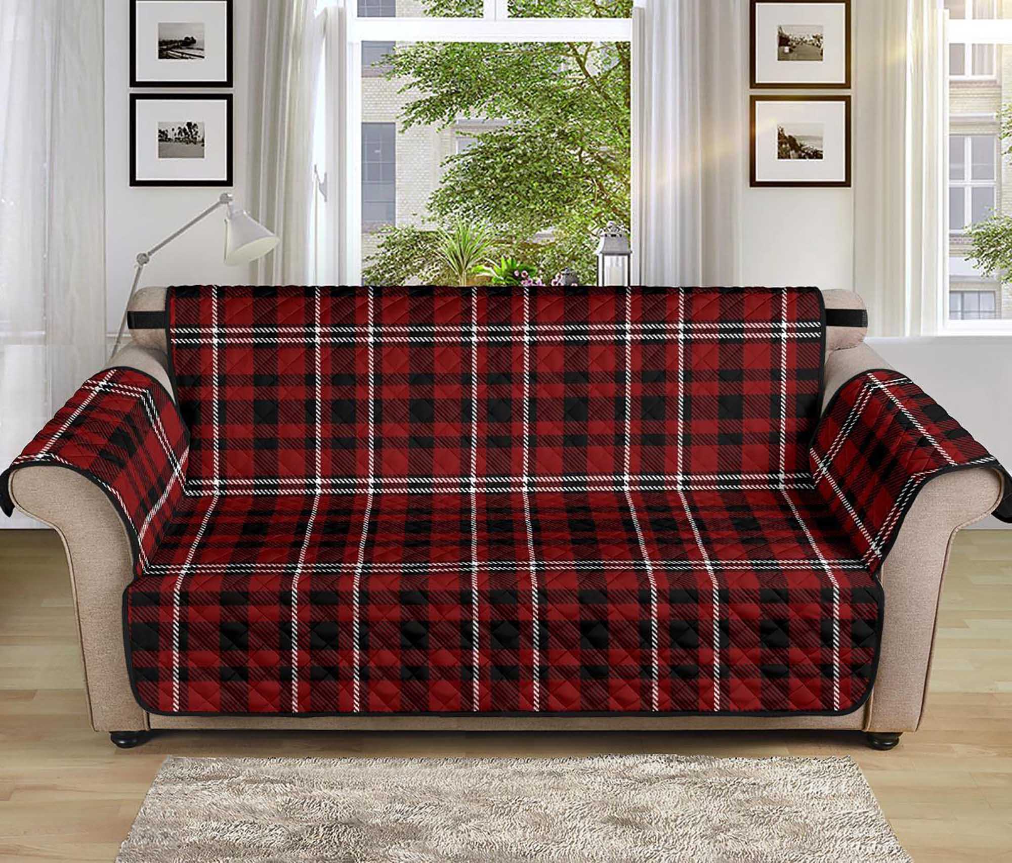 Plaid Couch Slipcover Dark Red, Black, White Tartan 70 Seat Width