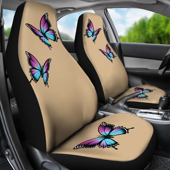 Tan Car Seat Covers Set With Purple and Blue Bright Butterflies