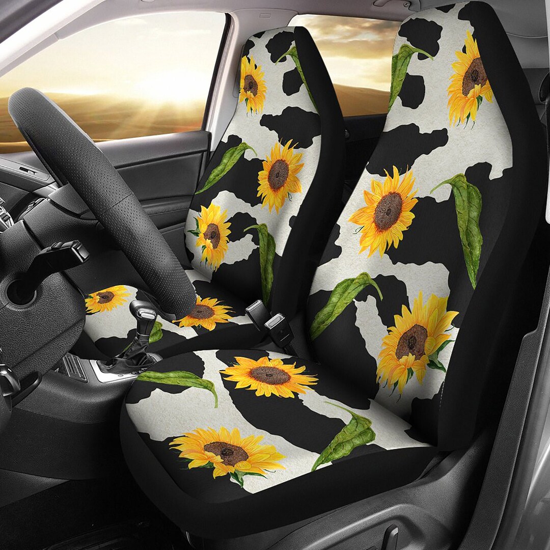 Cow Hide Car Seat Covers Set Black and White With Rustic Sunflower