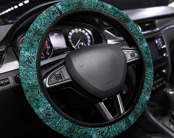 Turquoise Tooled Printed Western Steering Wheel Cover Anti-Slip Car Accessory Black Trim Universal Fit For Most Cars SUVS Non-Slip Washable