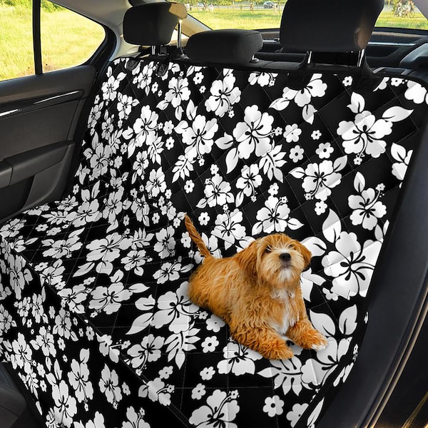 Hibiscus Dog Hammock Back Seat Cover For Car Truck SUV Black and White Hawaiian Flower Waterproof Protector For Pets Washable Easy Install