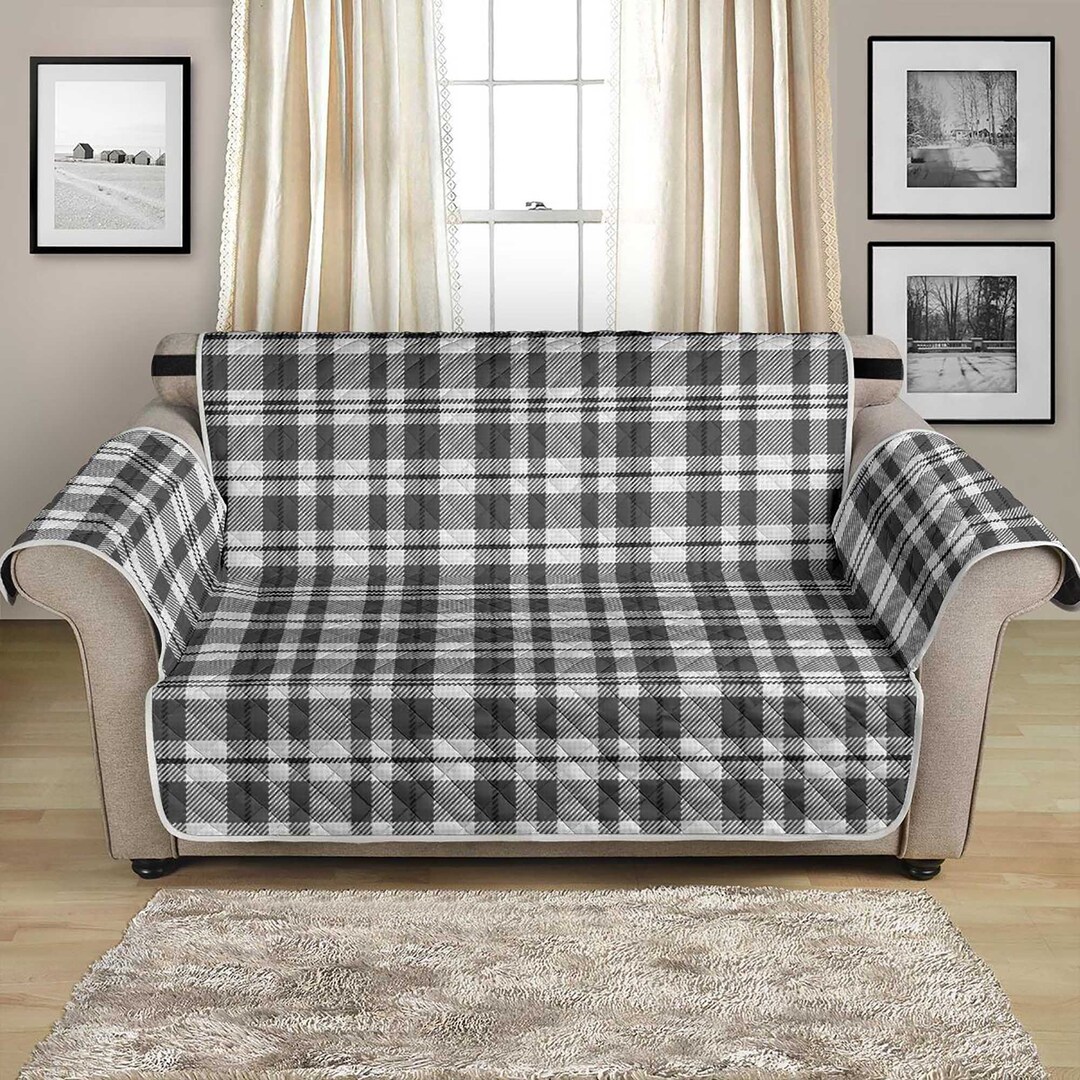 Gray and White Plaid Tartan 54 Seat Width Loveseat Sofa Couch Cover
