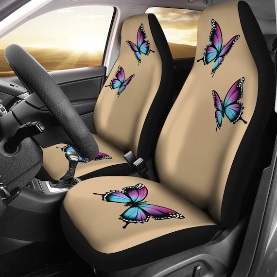 Tan Car Seat Covers Set With Purple and Blue Bright Butterflies