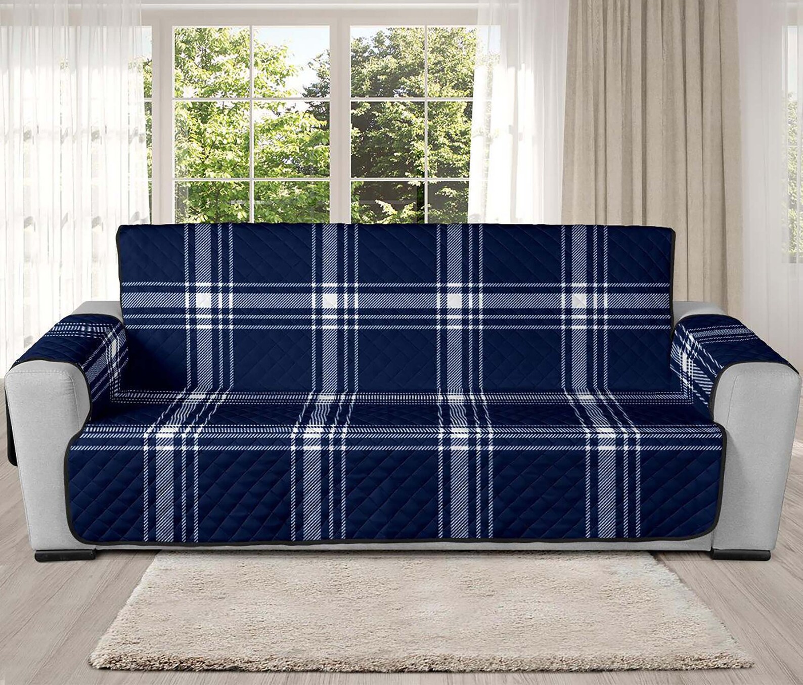 Plaid Loveseat Slipcover Navy Blue and White Tartan Pattern Etsy