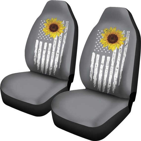 Distressed American Flag Car Seat Covers With Rustic Sunflower