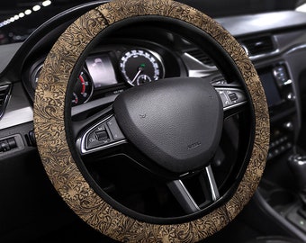 Brown Tooled Printed Western Steering Wheel Cover Anti-Slip Car Accessory Black Trim Universal Fit For Most Cars SUVS Non-Slip Washable