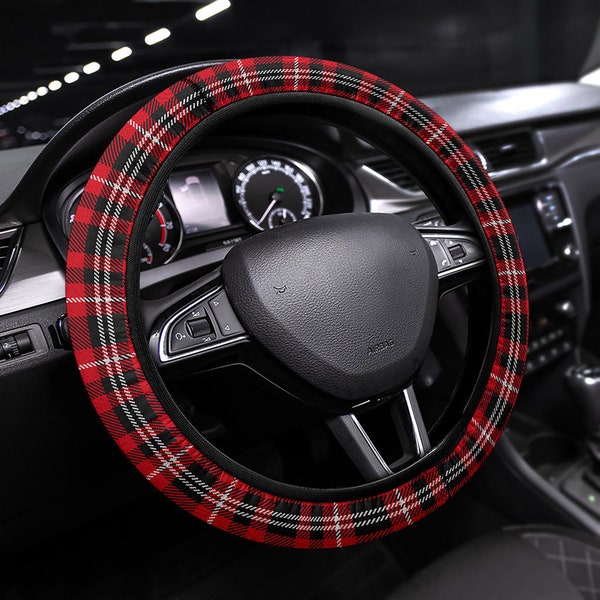 Red Plaid Tartan Steering Wheel Cover Anti-Slip Car Accessory Black Trim Universal Fit For Most Cars SUVS Non-Slip Washable Accessories