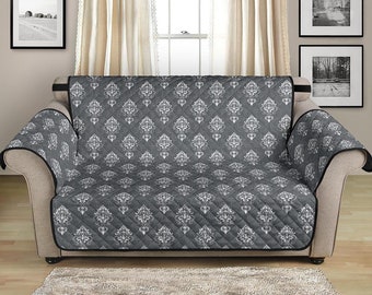 Gray and White Damask Pattern Elegant 54" Seat Width Loveseat Sofa Couch Cover Protector Perfect Victorian Home Decor Slipcover