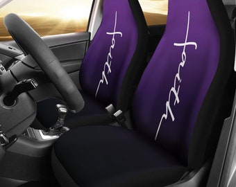 Christian Themed Faith Word Cross In White On Dark Purple and Black Ombre Car Seat Covers Set  Religious